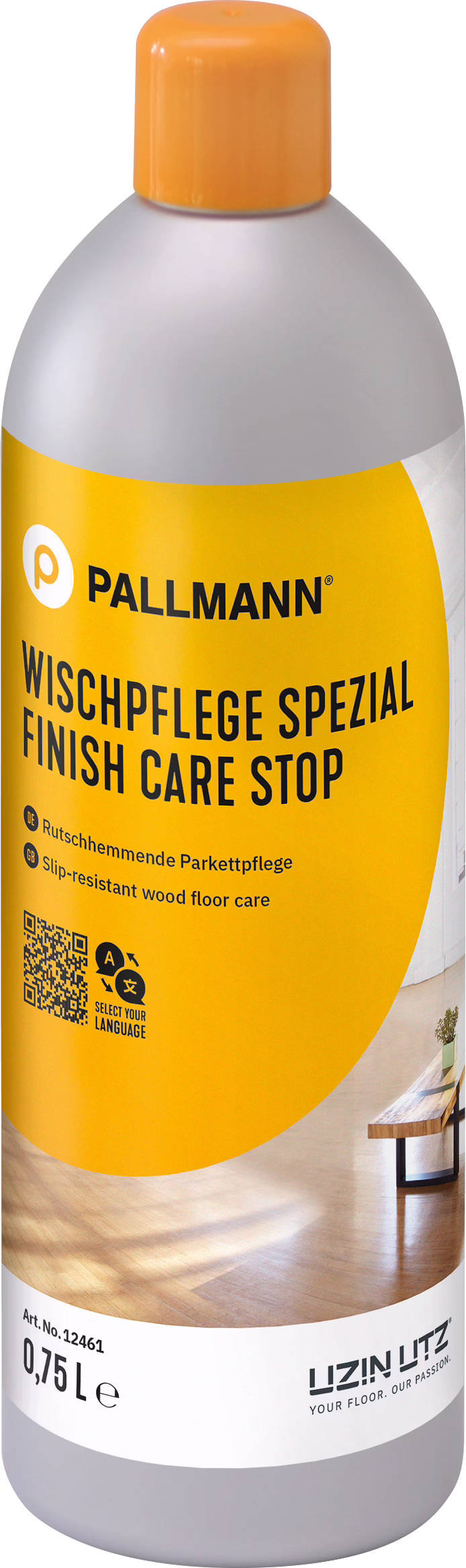 PALLMANN_dummy_FINISH-CARE-STOP_0,75l_msl_2023-05 Bouteille en plastique Pallmann 'Finish Care Stop' pour entretien des parquets antidérapant, flacon gris et jaune avec bouchon orange, contenance 0,75 L, avec logo et étiquette produit.