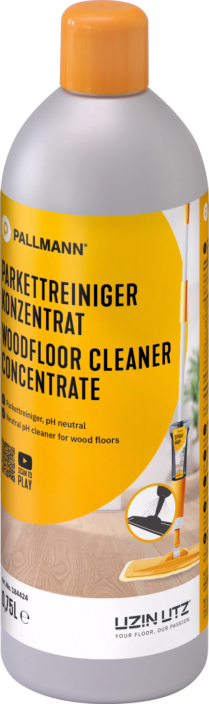 Une bouteille en plastique haute avec une étiquette jaune-orange vive contenant un concentré nettoyant pour parquets. La marque 'PALLMANN' est bien visible en haut; on lit en lettres noires 'PARKETTREINIGER KONZENTRAT / WOODFLOOR CLEANER CONCENTRATE'. L'étiquette montre une illustration d'une serpillière à pulvérisation et une icône indiquant une formule neutre en pH. La contenance '0,75 L' est indiquée en bas. Un code QR et de petits pictogrammes d'utilisation figurent également; le bouchon est orange et l'épaulement de la bouteille est gris. Le produit est présenté comme un concentré neutre en pH pour le nettoyage des sols en bois, à diluer avant usage; le design met l'accent sur un style moderne et des instructions claires pour l'utilisation avec une mop.
