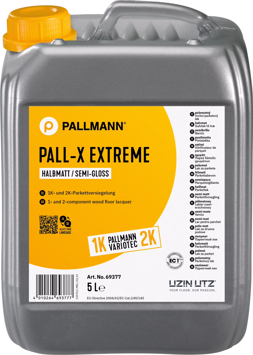 Bidon plastique gris de 5 litres avec étiquette orange‑jaune et bouchon jaune : Pallmann PALL‑X EXTREME vernis semi‑brillant pour parquet, 1K/2K, fabriqué par Uzin Utz ; l'étiquette indique le nom, le volume et l'usage.