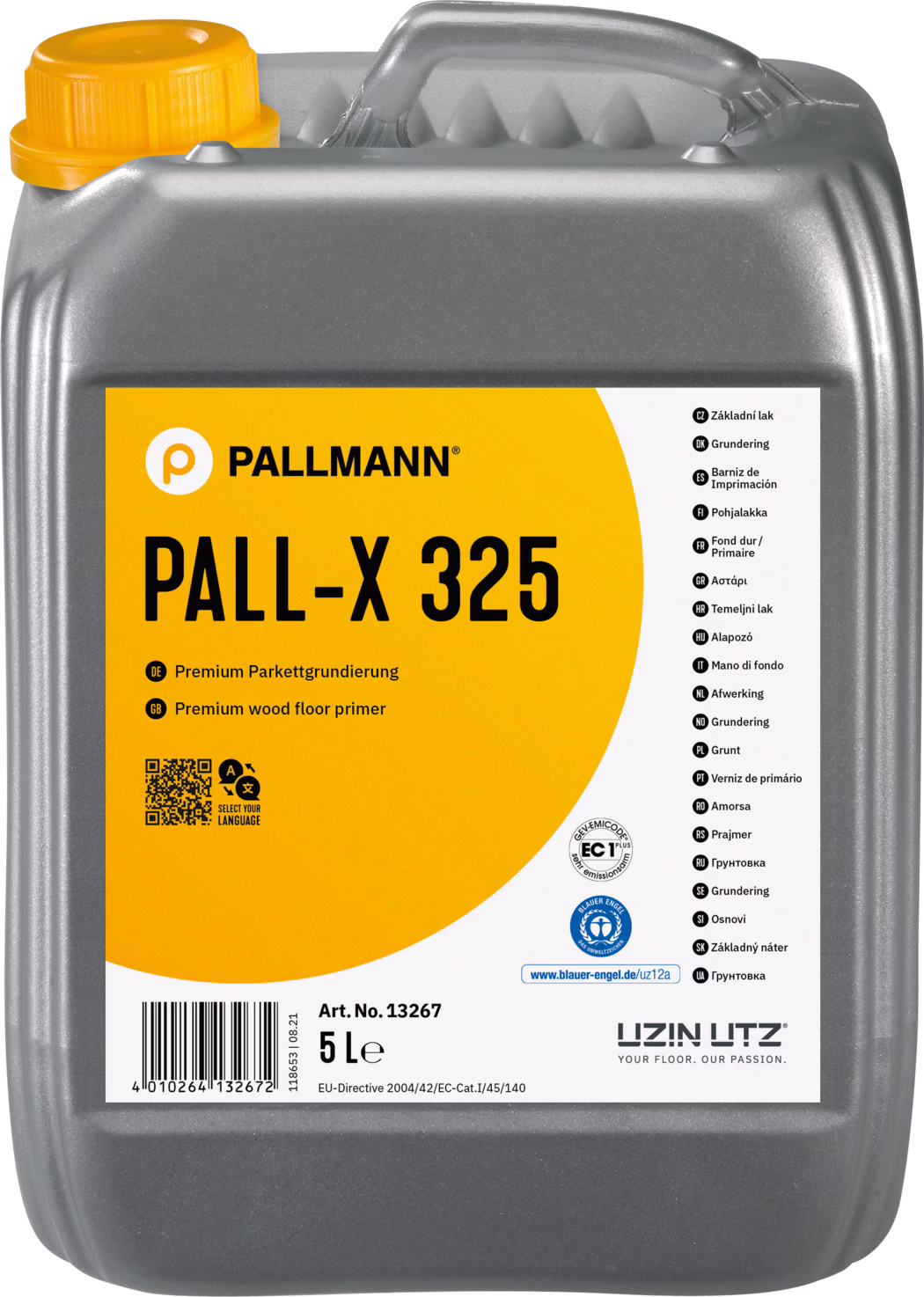 PALLMANN_dummy_Pall-X-325_5l_msl_2021-12 Un bidon en plastique gris de 5 litres avec une grande étiquette jaune 'PALL-X 325', apprêt pour sols en bois de la marque Pallmann ; bouchon orange et informations produit sur l'étiquette.