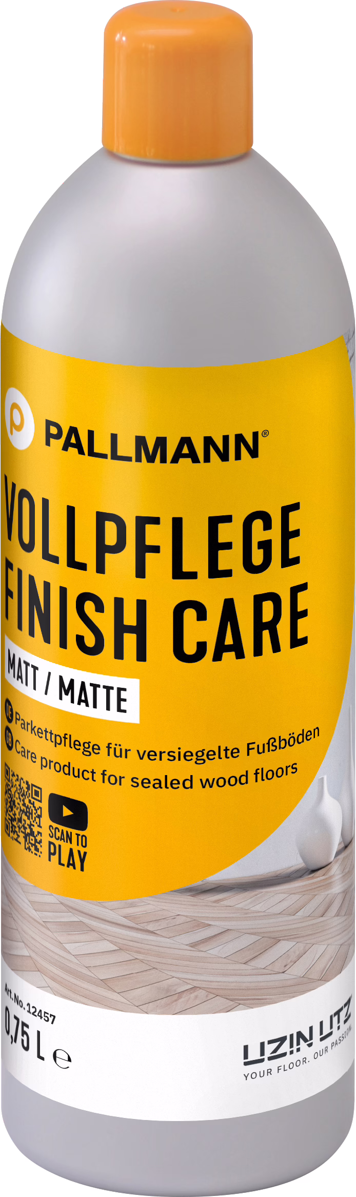 Bouteille haute en plastique avec bouchon à vis orange et corps gris clair. Étiquette jaune-orangée visible avec texte noir 'PALLMANN VOLLPFLEGE FINISH CARE MATT / MATTE'. Contenu 0,75 L ; produit d'entretien pour parquets en bois scellés. L'étiquette montre une image d'un parquet clair, un code QR avec icône de lecture, de petites informations produit et le logo UZIN UTZ en bas.
