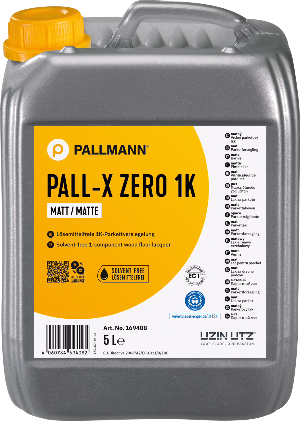Gros plan d'un bidon gris de 5 litres PALLMANN PALL-X ZERO 1K mat, vernis pour parquets. Le contenant rectangulaire à aspect métallique comporte une poignée intégrée sur le dessus et un bouchon orange; une grande étiquette orange couvre l'avant avec le nom de la marque PALLMANN, la dénomination 'PALL-X ZERO 1K' et l'indication 'MATT / MATTE'. L'étiquette présente des informations produits en plusieurs langues, des tampons de certification, des icônes, un code-barres, la capacité '5 L' et le logo UZIN UTZ. La photo met en valeur la texture de la surface, les reflets et ombres subtils ainsi que la typographie nette de l'étiquette.