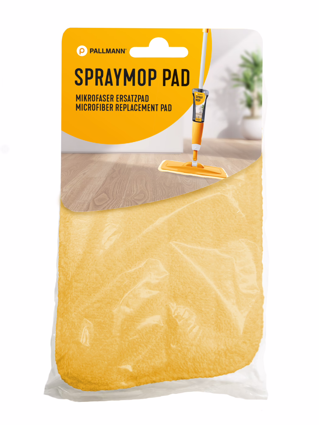 Recharge microfibre jaune emballée pour Spraymop de la marque Pallmann. L'en-tête orange et blanc indique 'SPRAYMOP PAD' et montre une image d'un spraymop orange sur un parquet ; la lingette microfibre jaune est visible à travers le plastique transparent. Intérieur lumineux avec une plante en pot floutée en arrière-plan.