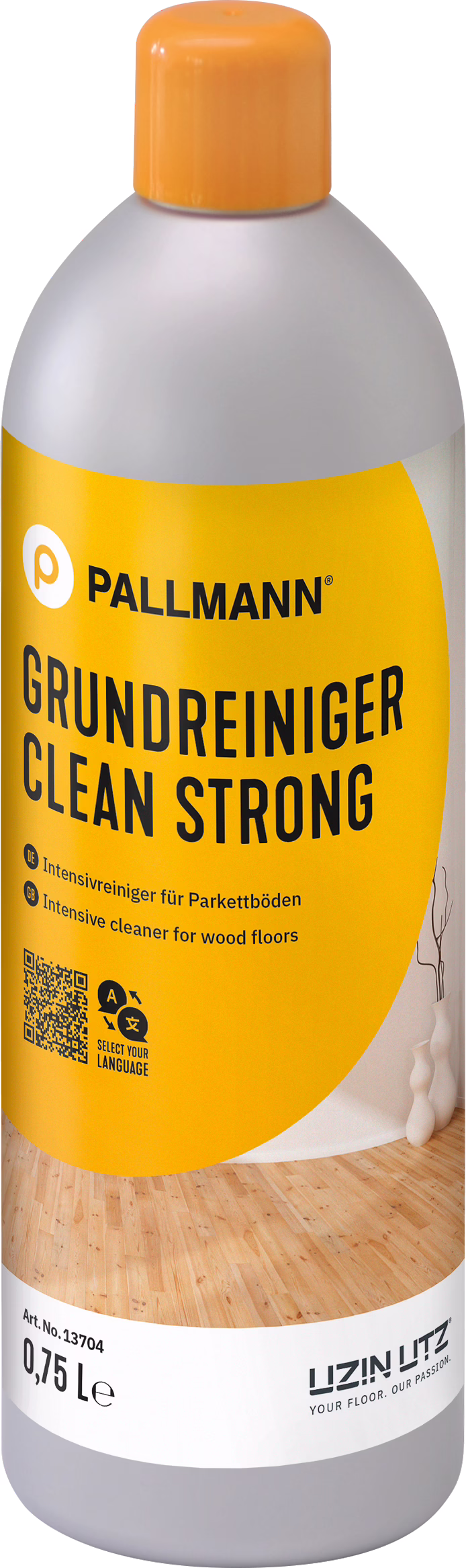 Une grande bouteille en plastique avec un bouchon à vis orange et une étiquette jaune vif portant le nom de la marque PALLMANN et le nom du produit GRUNDREINIGER CLEAN STRONG. Le flacon contient 0,75 L de nettoyant intensif pour parquets et sols en bois. L'étiquette affiche une typographie noire en gras, un QR code, de petits pictogrammes et une photo d'un parquet en bois clair ; le logo UZIN UTZ et le slogan 'YOUR FLOOR. OUR PASSION.' figurent près du bas. Le contenant a des épaules arrondies et un corps en plastique gris, évoquant un produit professionnel pour un nettoyage en profondeur et l'élimination des salissures tenaces sur les sols en bois.