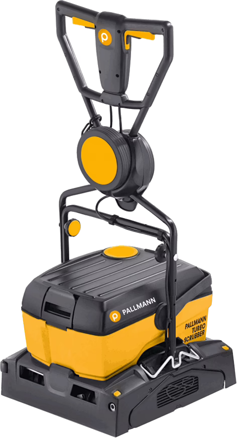 PALLMANN_dummy_PALLMANN TURBO SCRUBBER_msl_2017-02 Autolaveuse professionnelle PALLMANN Turbo Scrubber de couleur jaune et gris foncé. L'appareil vertical est équipé d'une poignée robuste avec commandes intégrées et d'un enrouleur de câble, d'une base rectangulaire compacte avec carter de brosse et grilles d'aération, de logos visibles sur le côté et d'une construction solide en plastique pour un nettoyage intensif des sols en milieu professionnel.