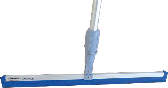 Un outil de nettoyage avec un long manche et une large tête de raclette plate. Le manche est en métal avec une prise en plastique à l'extrémité, et la lame de la raclette est bleue et blanche. Idéal pour nettoyer les fenêtres et autres surfaces planes.