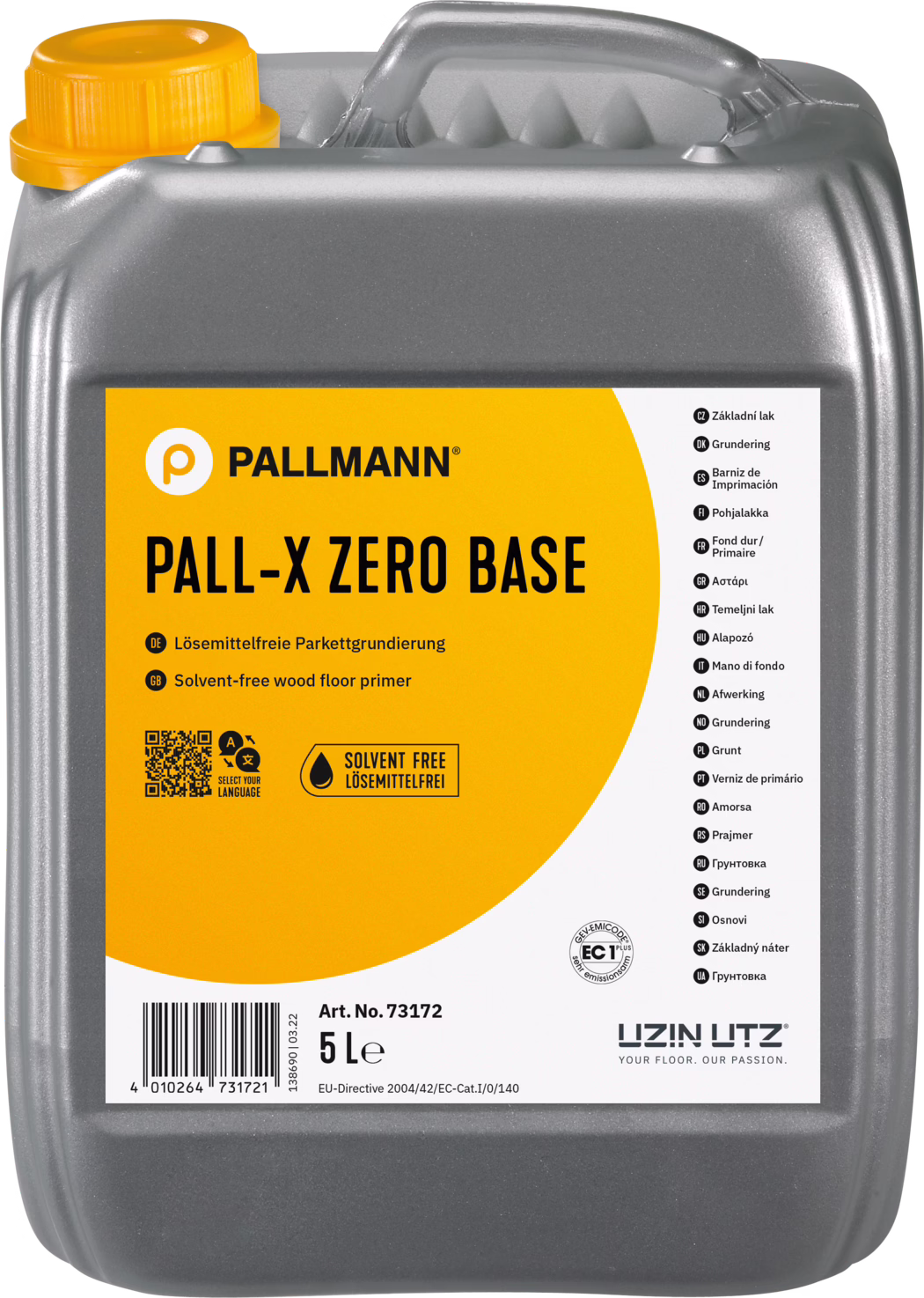 PALLMANN_dummy_Pall-X-Zero-Base_5l_msl_2021-12 Bidon plastique gris de 5 litres Pallmann 'PALL-X ZERO BASE', apprêt pour planchers en bois sans solvant avec grande étiquette jaune et bouchon orange.