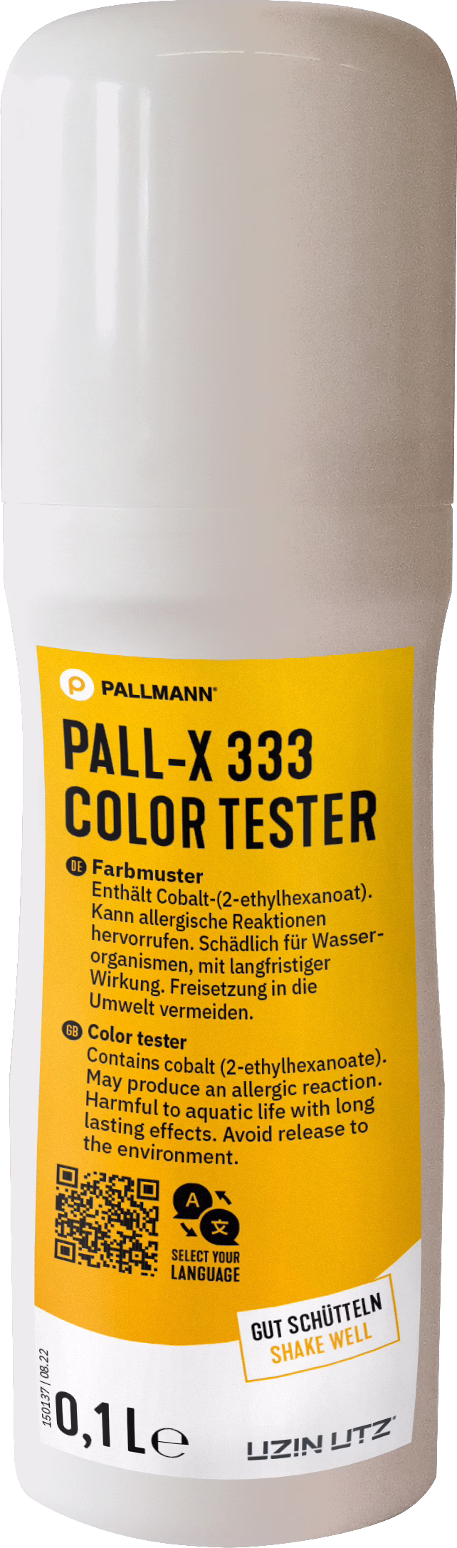 PALLMANN_dummy_Pall-X-333-Color-Tester_0,1l_msl_2021-12 Flacon de test de couleur contenant du cobalt (2-éthylhexanoate). Le flacon est principalement blanc avec une étiquette jaune. L'étiquette contient des avertissements sur des réactions allergiques potentielles et des dangers environnementaux, ainsi que des instructions pour bien secouer. Il y a un code QR et des informations en plusieurs langues. Le flacon a une capacité de 0,1 litre.